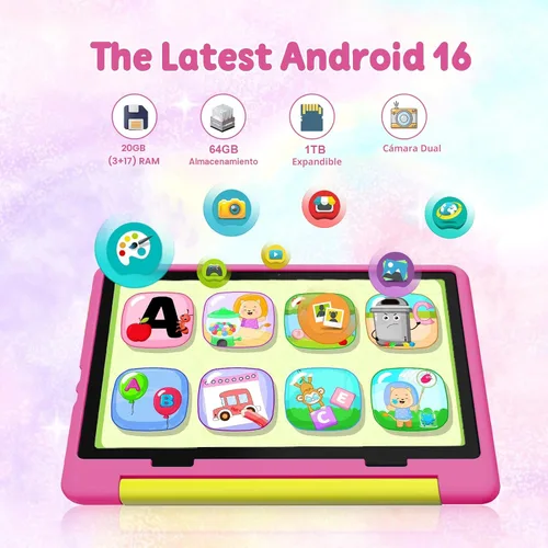 Vista 3 de Tablet para niños, Android 15 con pantalla HD, 10.1 pulgadas, control parental y modo para niños, Octa-Core, certificado GMS, 20 GB RAM 64 GB ROM, 1
