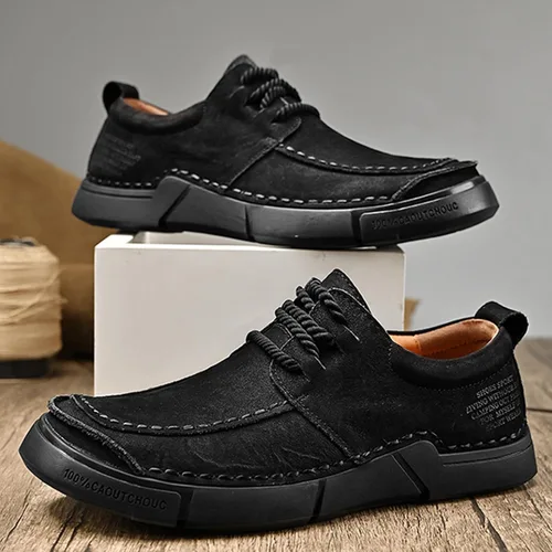 Vista 5 de Zapatillas casuales de cuero genuino para hombre, zapatos planos de punta redonda, suela suave con cordones, cómodos zapatos de senderismo al aire
