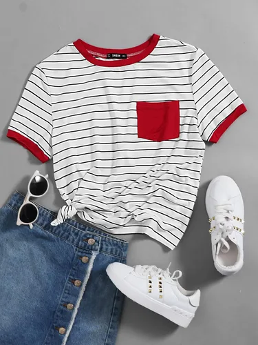 Vista 4 de SHENHE Camiseta casual de rayas con cuello redondo y manga corta para mujer, con bolsillo