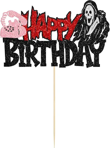 Vista 3 de 1 pieza de decoración de pastel de cumpleaños asesino ensamblada con purpurina de terror clásico de Halloween para tema de terror sangriento Negro