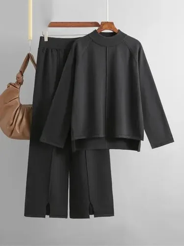 Vista 2 de LIXINGHEITANG Mujer Otoño Invierno Trajes De Manga Larga Suelto Alto Bajo Top Tobillo Femenino Conjuntos Para Negro