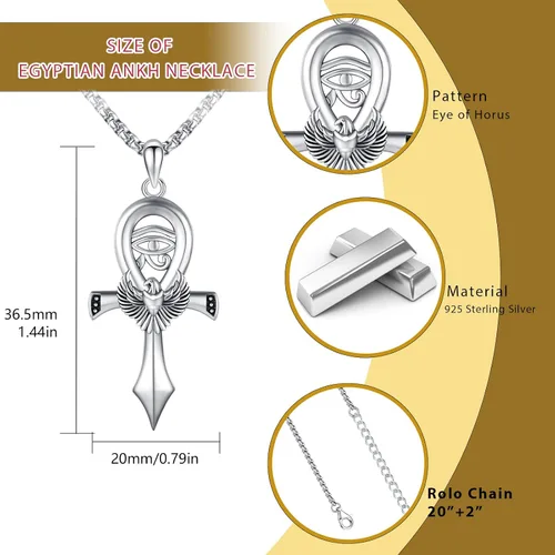 Vista 5 de Ankh - Collar con colgante para mujeres y hombres, plata de ley 925, collar de cruz egipcia de escarabajo Ankh, collar de cruz de panga, amuleto