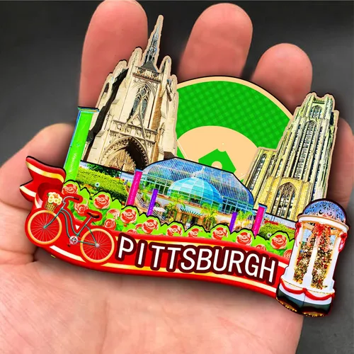 Vista 4 de Imán de madera de Pittsburgh de Estados Unidos 3D para nevera, recuerdos coleccionables, decoración hecha a mano, artesanías 2