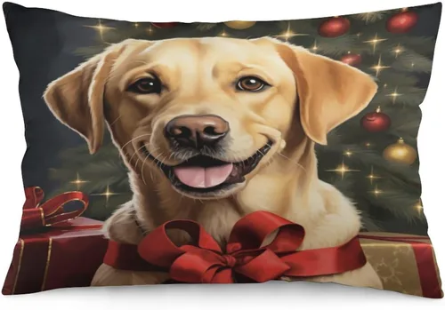 Vista 24 de Yellow Lab - Fundas de cojín de Navidad de 12 x 20 pulgadas, diseño de retrato de perro amarillo serio, labrador retriever, fundas de almohada
