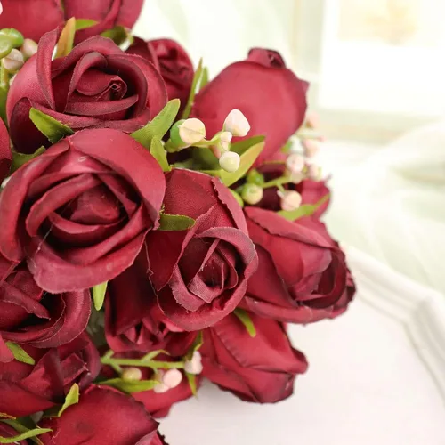 Vista 2 de Efavormart - Paquete de 3 ramos de rosas artificiales de tacto real burdeos de 13 pulgadas, arreglos florales de seda Borgoña