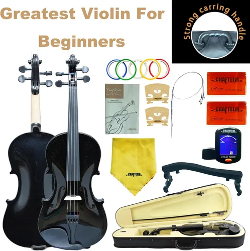 Vista 4 de CRAFTEEM 1/2 Conjunto de violín negro premium hecho a mano para principiantes, adultos y niños con cinta adhesiva para dedos de 5 colores - Violín