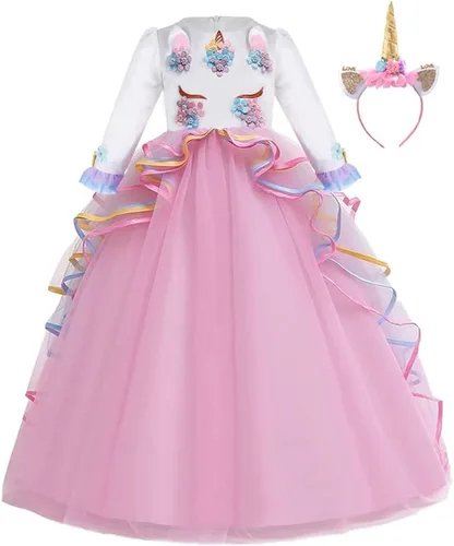 Vista 10 de REXREII Vestido largo de tul de manga larga para niñas con diadema, disfraz de Halloween, princesa, cumpleaños, Navidad, baile