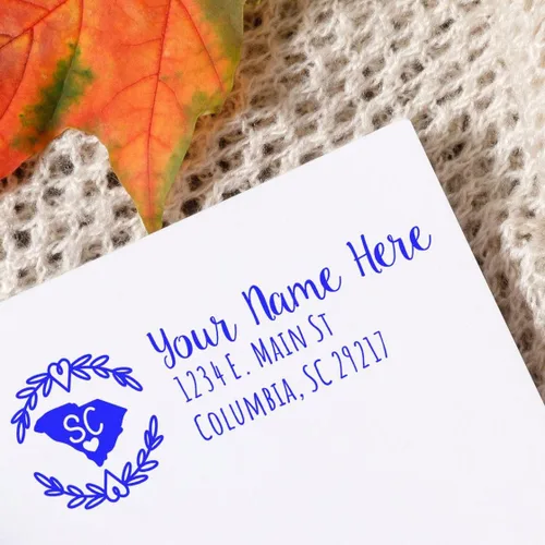 Vista 14 de State of Alabama Wreath Duo Hand Address Stamp - Personalized Rubber Stamp Montaje manual Duo