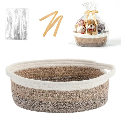 Vista 13 de Cesta para regalos vacía, pequeña cesta tejida con bolsas y cintas, cestas de juguetes para bebé con asas, contenedor de almacenamiento de mimbre