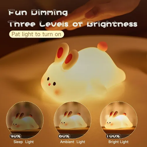Vista 3 de Luz Nocturna de Conejo de Cara Grande, Adorable Lámpara Nocturna LED de Conejito, Luz Nocturna de Guardería de Silicona Regulable para Niñas, Luces