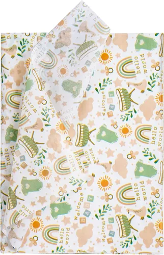 Vista 2 de LeZakaa 60 hojas de papel de seda para baby shower con 30 calcomanías de regalo, papel de seda para bebé niño niña a granel, diseño de arcoíris