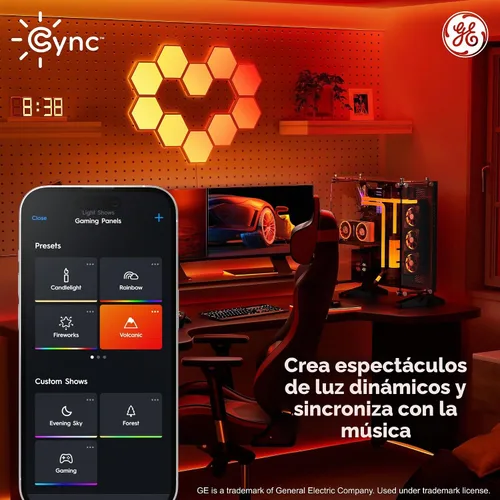 Vista 3 de Cync GE Dynamic Effects - Luces LED hexagonales inteligentes con WiFi que cambian de color, paneles de luz de pared para decoración de habitación