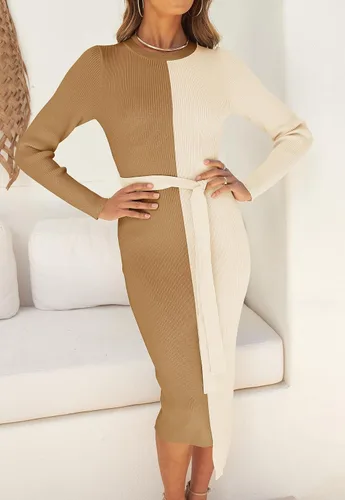 Vista 7 de ZESICA Vestido de punto acanalado para mujer, elegante vestido de manga larga con cuello redondo y lazo en la cintura ajustado ajustado