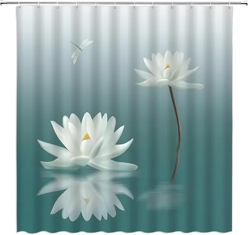 Vista 2 de Cortina de ducha de loto blanco, libélula verde azulado, azul, lirio de agua, floral, estilo japonés, relajante, naturaleza, decoración de baño
