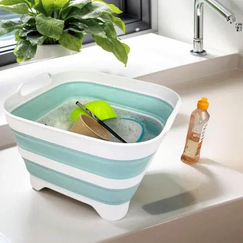 Vista 5 de SAMMART Sartén de plástico plegable de 10 L (2.6 galones) con tapón de drenaje, tina de lavado portátil, bañera plegable, almacenamiento de cocina