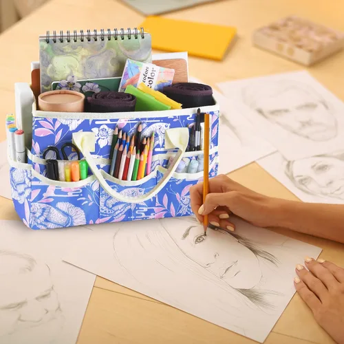 Vista 6 de Bolsa de mano organizadora de manualidades con múltiples bolsillos, gran caddy de almacenamiento de arte con asas para arte, manualidades, costura
