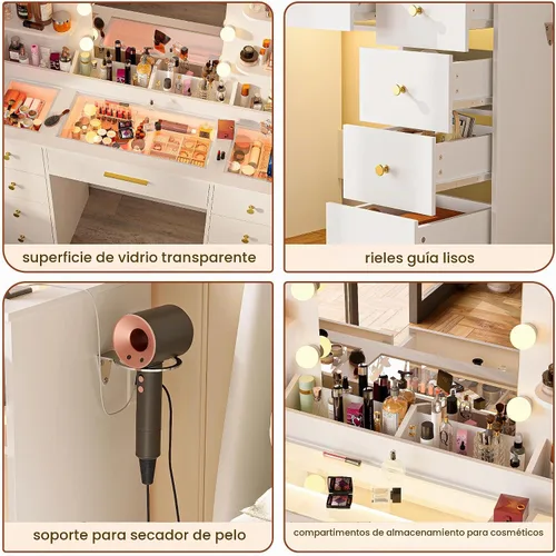 Vista 7 de LAKEMID Escritorio de tocador con espejo y luces LED, mesa de maquillaje con parte superior de cristal con 9 cajones y toma de corriente, 3 modos