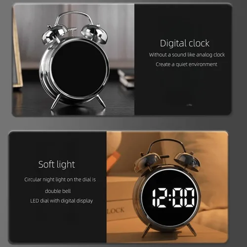 Vista 3 de Pequeño reloj despertador electrónico LED de doble campana, reloj despertador de metal ruidoso para dormir pesado, reloj despertador digital