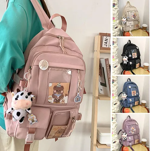 Vista 3 de Linda mochila con lindos accesorios de alfiler colgante de felpa para mochila escolar mochila estudiante niña, Beige, Grande, Mochilas de mochila