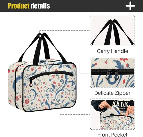 Vista 4 de Vintage Blue Leaves Red Flowers Pattern hanging travel toiletry bags for women with hook, designer necessities medicine bag for women traveling