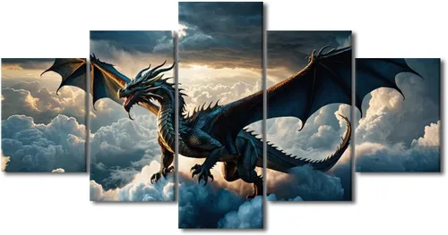 Vista 17 de Lienzo decorativo para pared de sala de estar, lienzo de dragón, 5 paneles, dragón verde, decoración de pared para el hogar, decoración de pared
