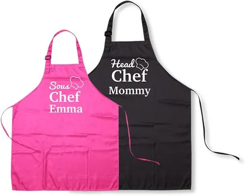 Vista 7 de Paquete de 2 delantales personalizados para padres e hijos, delantales ajustables con foto con nombre personalizado para cocina, cocina, hornear
