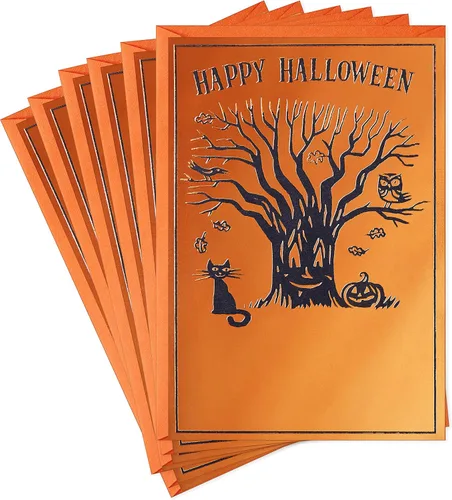 Vista 7 de Hallmark Tarjetas vintage de Halloween (8 tarjetas con sobres) Bonita bruja con gato negro y Jack-o-Lantern