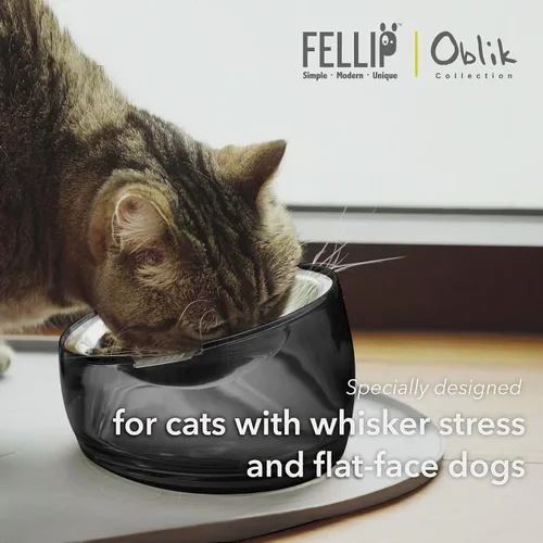 Vista 2 de Felli Pet Cuenco para Comida de Gato Oblik Fatiga de Bigotes Plato Elevado de Acero Inoxidable Poco Profundo, Diseño Apto para Mascotas Comedero