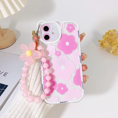 Vista 3 de NITITOP Funda compatible con iPhone 11, lente de cámara transparente con diseño de oso floral y cadena de pulsera de flores para mujeres y niñas