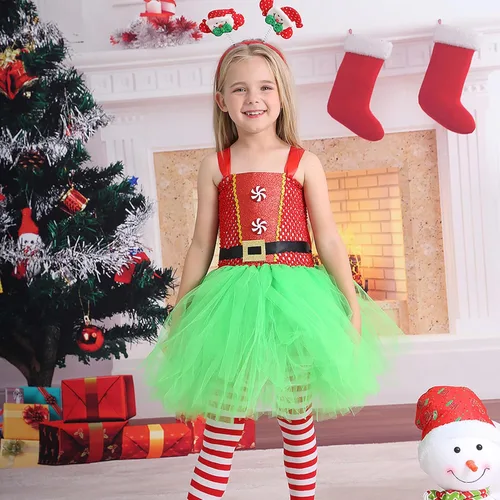 Vista 5 de BBAUER Cute Puffy Tulle Xmass Outfit,Christmas Girls Santa Costume with Hairband and Sock, Tutu Santa Costume Cosplay Outfit