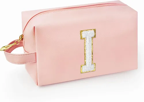 Vista 70 de Bolsa de maquillaje personalizada con inicial con asa, bolsa de cosméticos de preparación con bolsillo interior con cremallera, 8, 9, 10, 11, 12 Rosa
