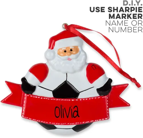 Vista 3 de ChalkTalkSPORTS Adorno navideño de resina de Papá Noel de fútbol Adornos de fútbol, Rojo