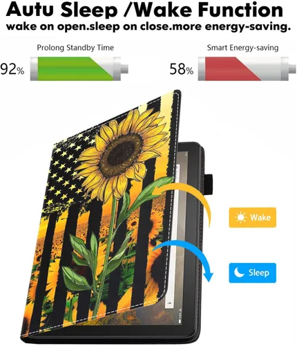 Vista 3 de WEUIUJKILO Funda para tablet Kindle Fire HD 10 de 10.1 pulgadas (9ª/7ª generación, versión 2019/2017) – Diseño de bandera estadounidense y girasol