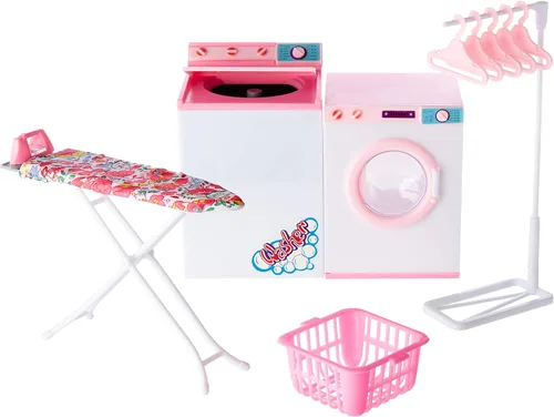 Vista 3 de My Fancy Life Dollhouse Laundry Room Set, Pink and White Playset with Washer, Dryer, Ironing Board, Laundry Basket, Kids Pretend Play Furniture