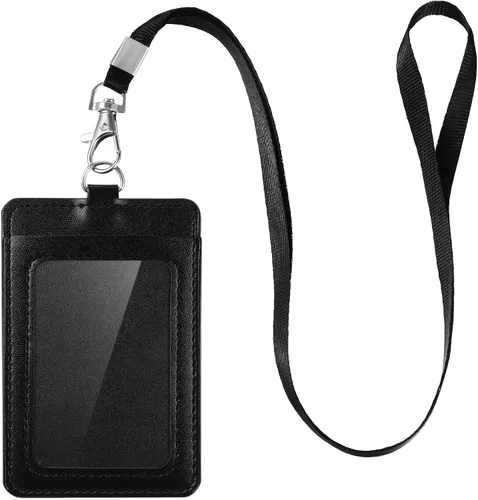 Vista 2 de E&EY Soporte para tarjetas de identificación con cordón de piel sintética para tarjetas de identificación vertical (5)