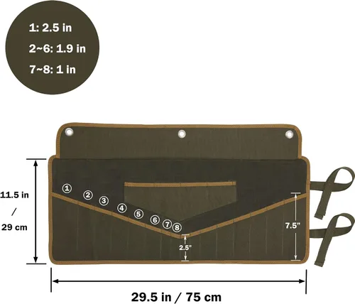 Vista 2 de Rollo de herramientas de llave, bolsa de lona encerada resistente de 16 onzas con 16 bolsillos, ojales de metal y cuerda de amarre, bolsa enrollable