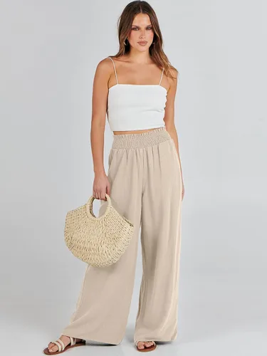 Vista 5 de Caracilia Pantalones de lino para mujer, pierna ancha, palazzo, pantalones de descanso de cintura alta, fluidos 2024, verano, playa, trabajo