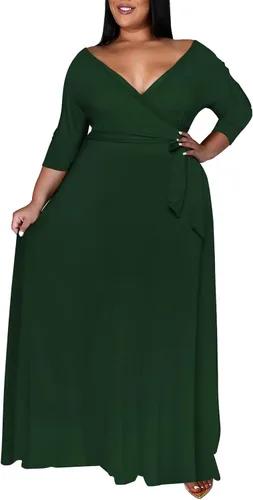 Vista 2 de Runwind Vestidos de talla grande para mujer, vestido largo floral, manga 34 con cinturón