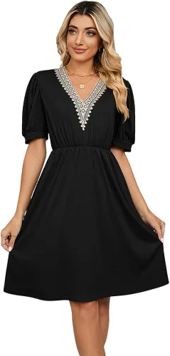 Vista 5 de Atxnn Vestido midi casual de verano para mujer, cuello en V, manga corta, suelto, acampanado, con bolsillos, ribete de encaje, vestido de patinadora