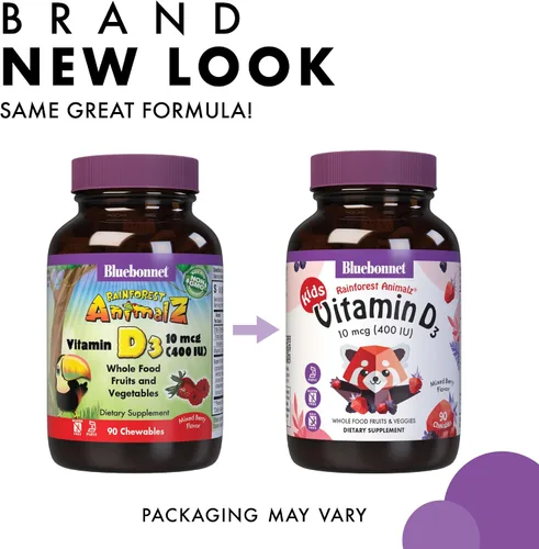 Vista 3 de Bluebonnet Nutrition Rainforest Animalz - Tableta masticable de vitamina D3 de 400 UI, sin soja, lácteos y gluten, sin OMG, certificado Kosher, apto