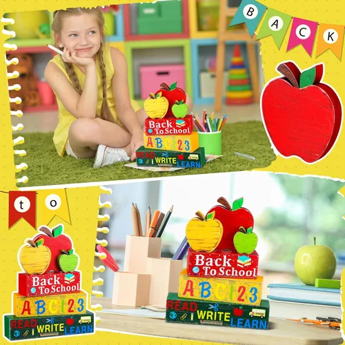 Vista 5 de Geelin 4 piezas de decoración escolar de regreso a clases en madera, bandeja escalonada de manzana, mini pilas de libros de madera, lápices, libros