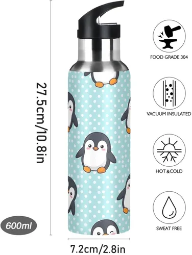 Vista 9 de Stainless Steel Vacuum Insulated Water Bottle 20 Oz, BPA-Free Sports Water Bottle for Gym Outdoor Travel School, Cute Cartoon Penguins Blue
