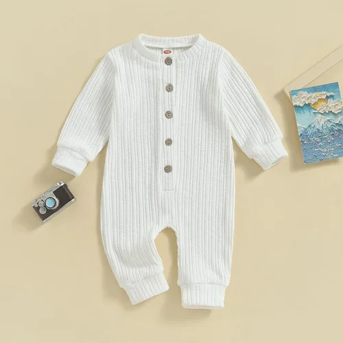 Vista 3 de Ropa de otoño para bebé, niña, niño, ropa de punto de manga larga, mameluco acanalado, overol de suéter de invierno para llegar a casa