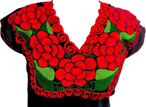 Vista 3 de Casa Fiesta Designs Blusa mexicana floral - Auténtica blusa bordada de Chiapas, hecha a mano, color negro con flores rojas, Negro