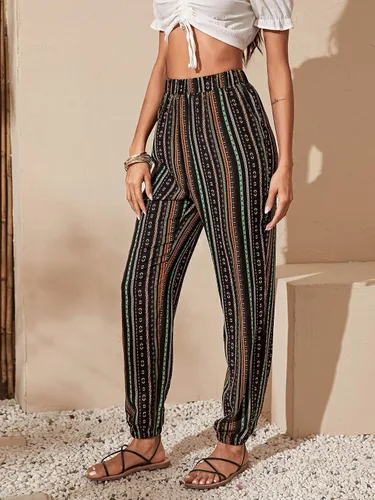 Vista 4 de SweatyRocks Pantalones de viaje de yoga cómodos y bohemios con estampado tribal cónico para mujer
