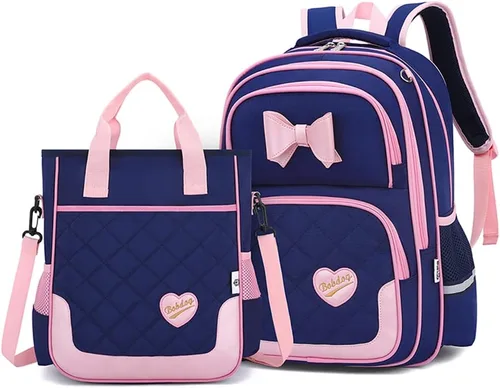 Vista 27 de Juego de 2 mochilas escolares con lazos para niñas y estudiantes, diseño de princesa para escuela primaria, 2pcs Negro-s, 2Pcs BagSet S