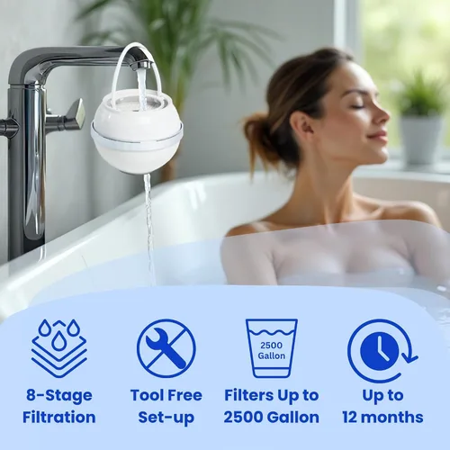 Vista 3 de Filtro de baño para grifo de bañera: dura hasta 12 meses, elimina el cloro y el fluoruro, suaviza el agua para una piel, cabello y uñas más