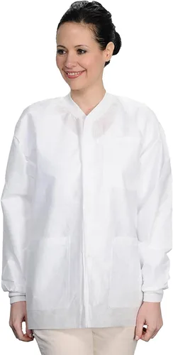Vista 63 de Paquete de 10 chaquetas desechables de laboratorio, chaqueta médica reutilizable hasta la cadera, unisex, con puños de punto y bolsillos