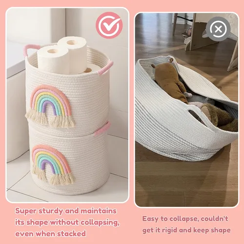 Vista 7 de Cestas de almacenamiento de juguetes cesta de almacenamiento de cuerda de algodón tejida con decoración de arco iris para niños, cestas de manta