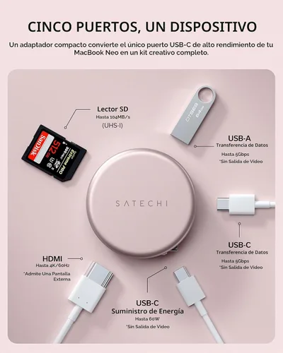 Vista 2 de Satechi OntheGo Hub USB-C 5 en 1, adaptador multipuerto, HDMI 4K/60Hz, carga de paso PD de 60 W, lector de tarjetas SD, USB-A y USB-C de 5 Gbps